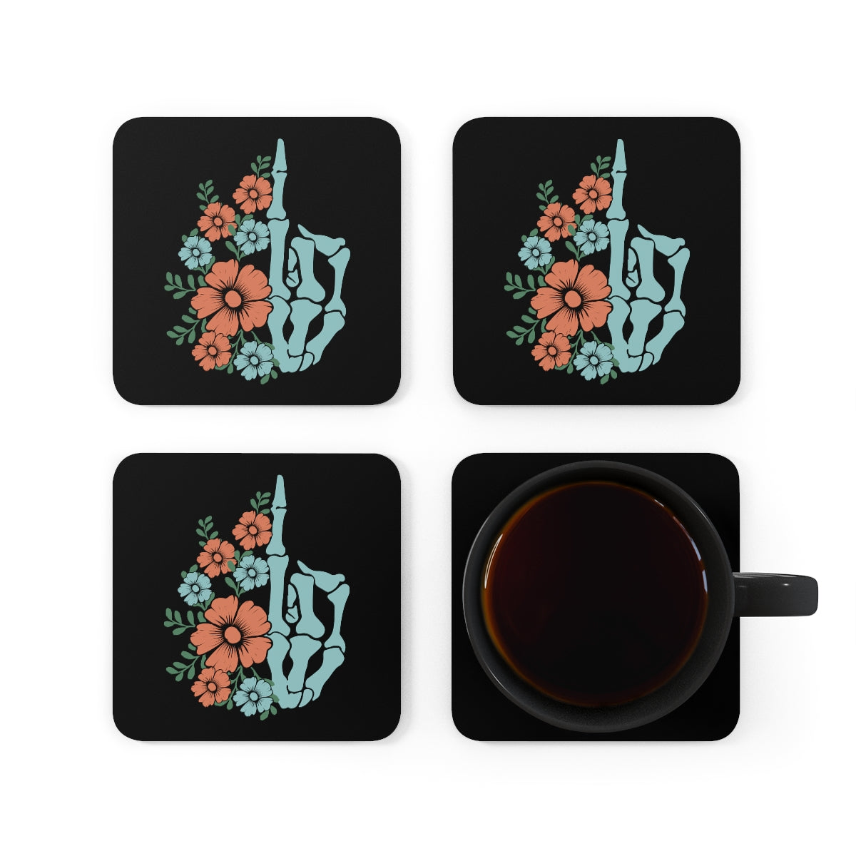 Floral Skeleton Middle Finger Coaster 4pc Set