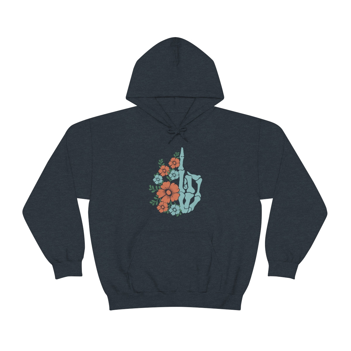 Snark Junkie Floral Skeleton Middle Finger Hoodie Heather Navy